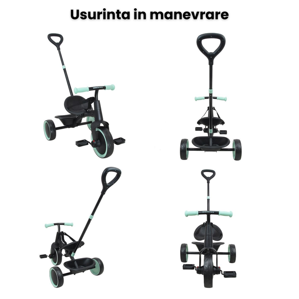 Tricicleta 2 in 1 HASEPE, cadru metalic si maner de control detasabil, roti mari, centura de siguranta in 3 puncte, cosulet pentru depozitare [4]