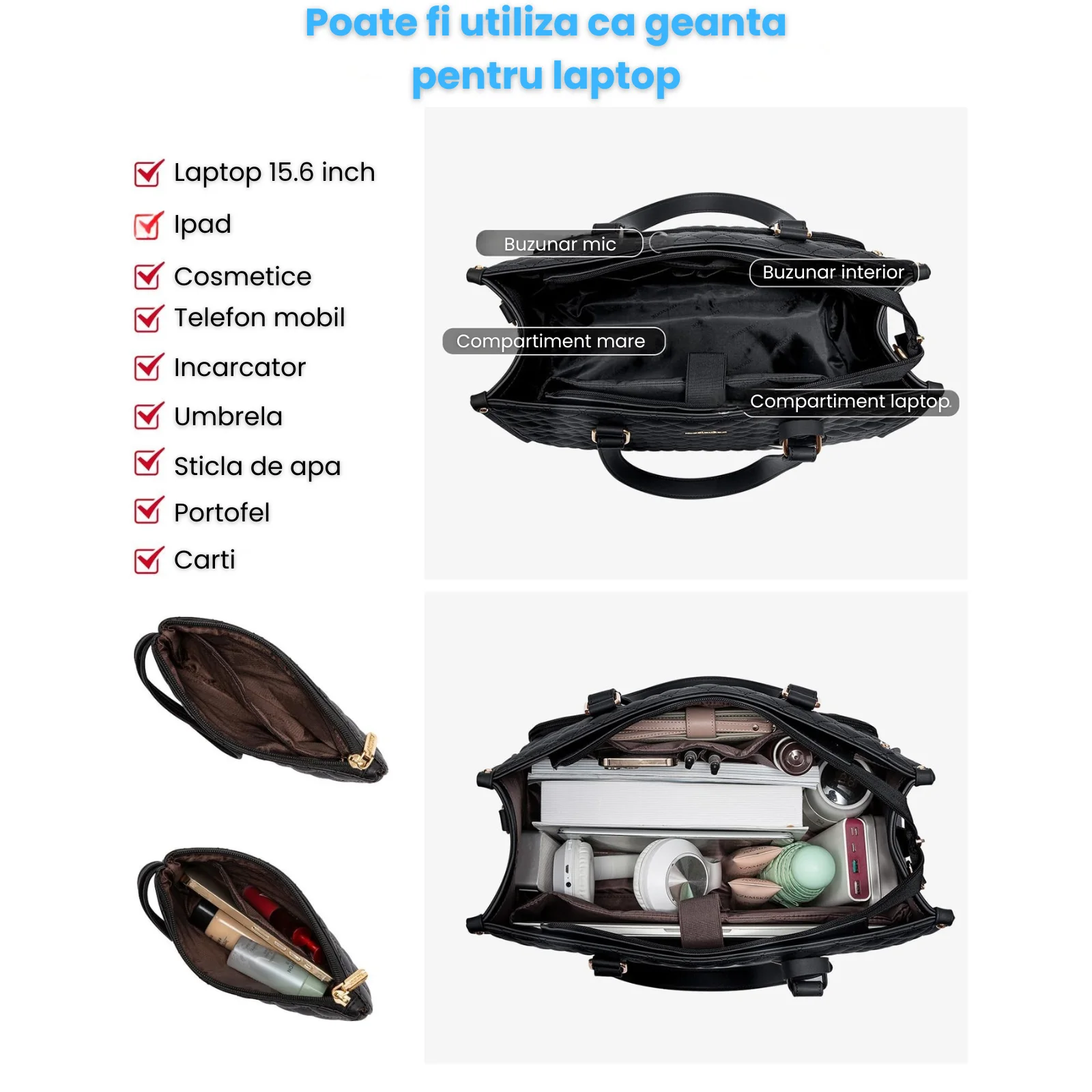 Geanta laptop HASEPE, 2 in 1 Laptop 15.6 inch cu compartiment termoizolant pentru pranz, impermeabila, mare, cu portofel inclus, pentru birou, scoala, calatorii, Negru [3]