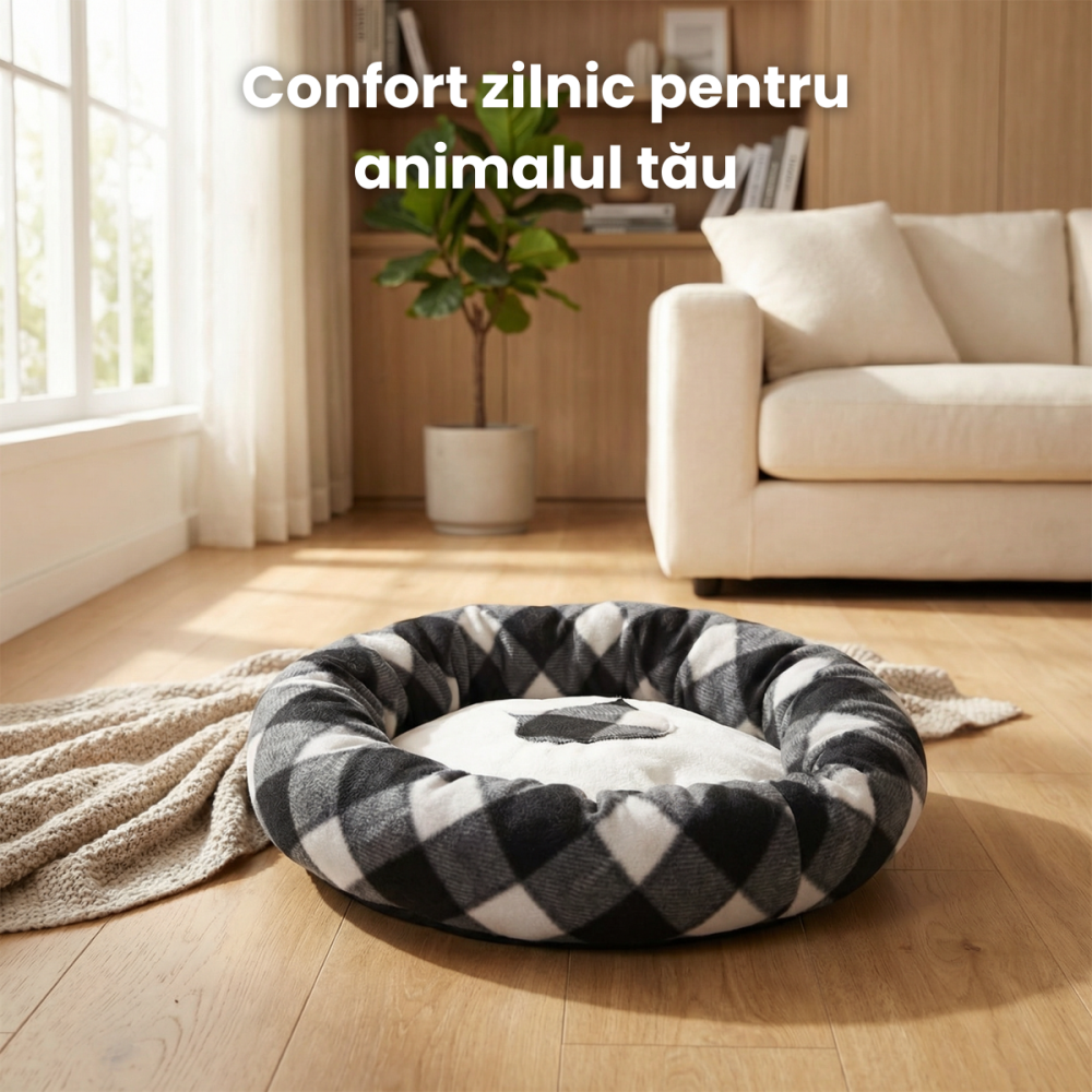Pat Caini si Pisici HASEPE Rotund Cu Carouri, Pat Pisici Confortabil Din Poliester, Pat Caini De Talie Mica Cu Baza Impermeabila, Culcus Pisici Pentru Interior, Design Modern, Pat Pisici Usor De Intre [2]