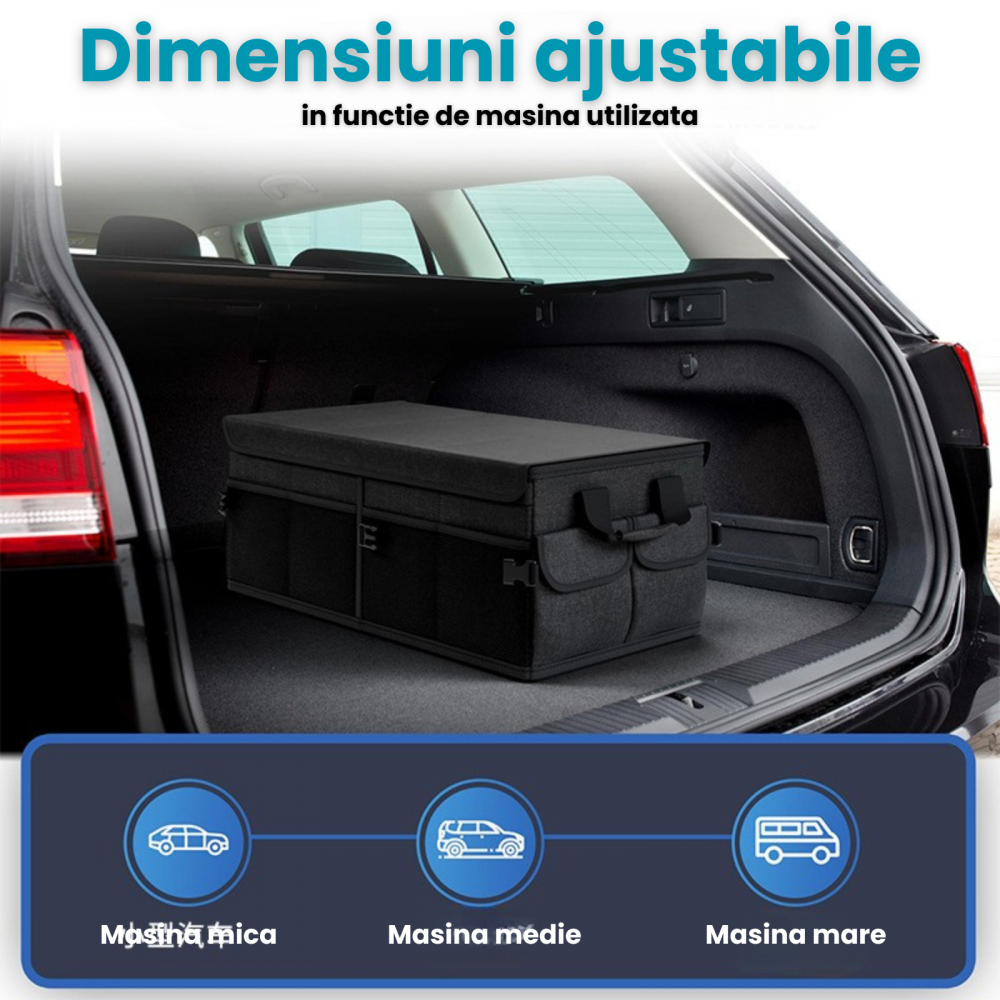 Organizator portbagaj auto 60L HASEPE, Multifunctional, Pliabil, Capac detasabil, Curele fixare, 3 compartimente, 51x32x37 cm, negru [5]