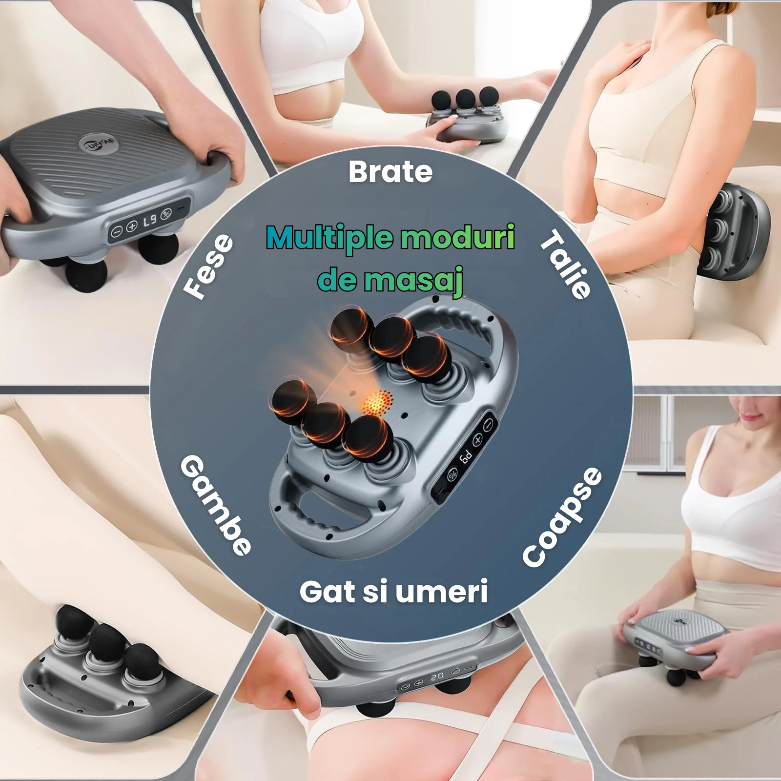 Pistol de masaj HASEPE, 6 capete, 9 moduri si 9 niveluri intensitate, 3200mAh, incalzire cu lumina rosie, relaxare muschi profunzi, ultra-silentios, potrivit pentru spate, picioare, brate, gri inchis [6]