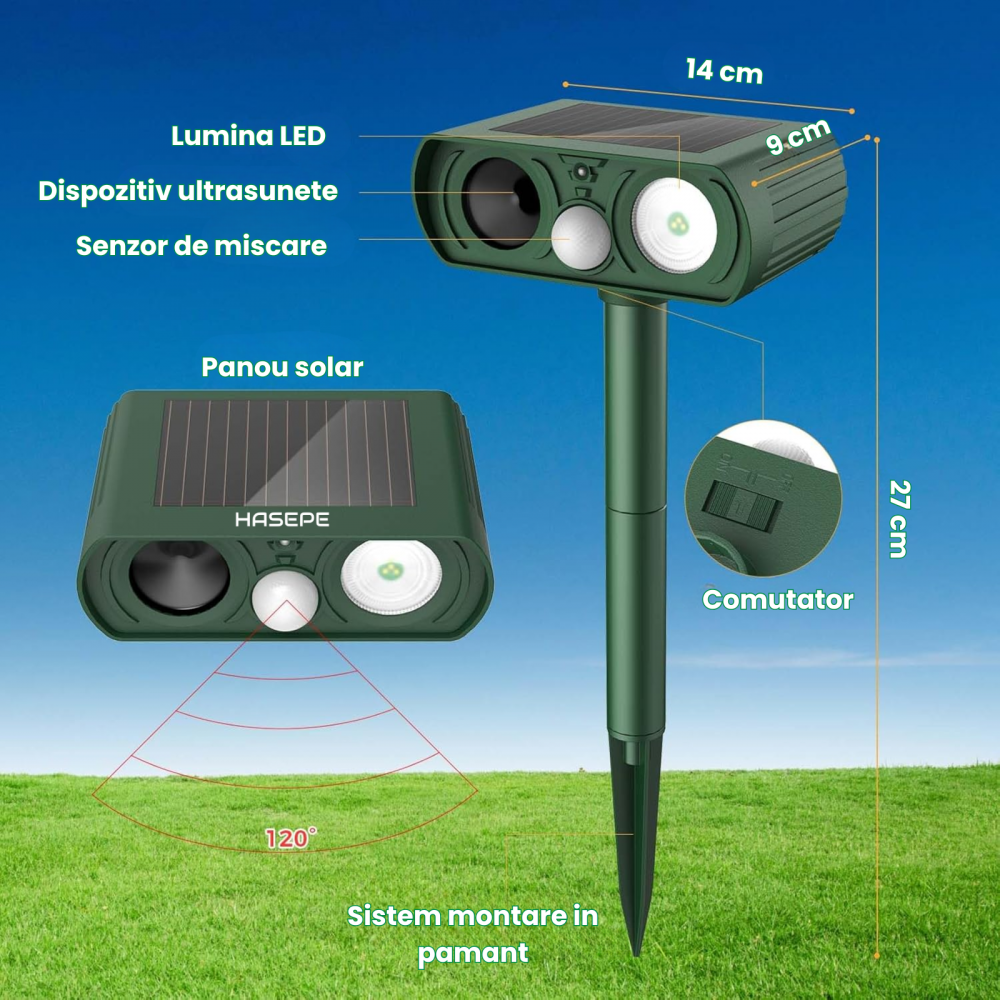 Dispozitiv Ultrasonic Solar Anti-Animale pentru Exterior HASEPE, Senzor de Miscare, LED Intermitent, Rezistent la Apa, Impotriva Pisicilor, Sobolanilor, Cainilor, Ratoni, Caprioare, Protectie Umana pe [6]