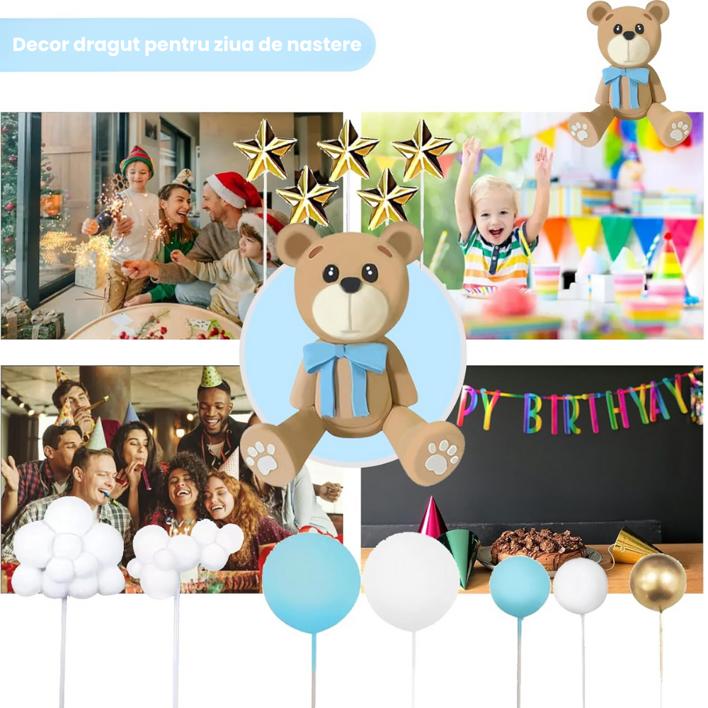 Set 38 Decoratiuni Topper Tort Ursulet Albastru HASEPE, pentru Botez, Baby Shower si Aniversari, Reutilizabile, Spuma si Plastic [5]