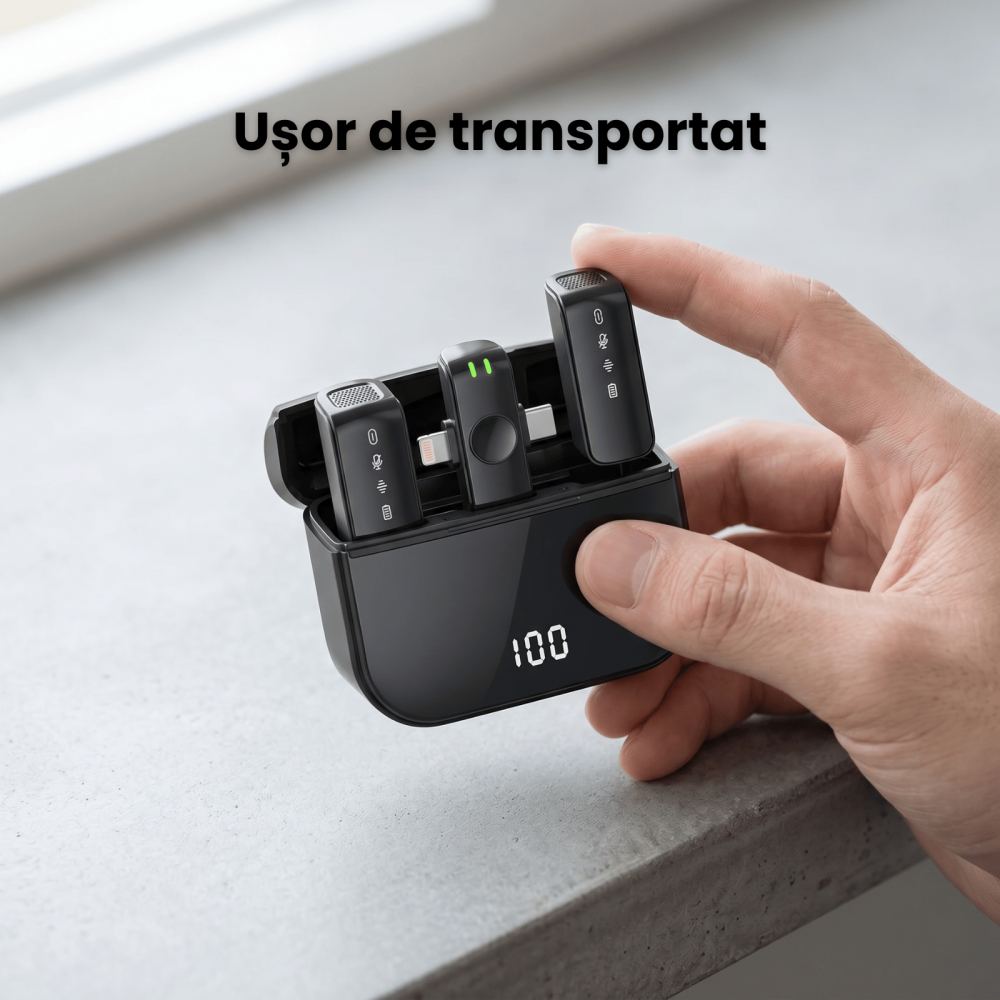 Set 2 Microfoane Lavaliera Wireless  HASEPE®, Microfon Lavaliera Dual Lightning USB-C, Lavaliera Wireless Cu Reducere Zgomot CVC, 2.4G, Baterie 600mAh, Pentru Vlogging, Streaming, Interviuri, Compatib [9]