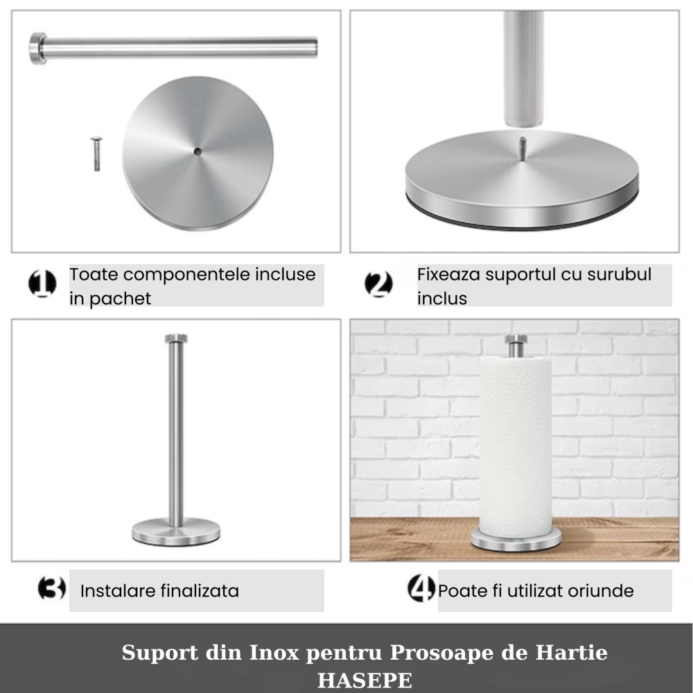 Suport pentru prosoape de hartie HASEPE, Organizator role, Cu baza STABILA, Capacitate buna de incarcare, Rezistent si durabil, Usor de instalat si utilizat, Pentru bucatarie, Baie, Birou, Inox, 33 X  [10]