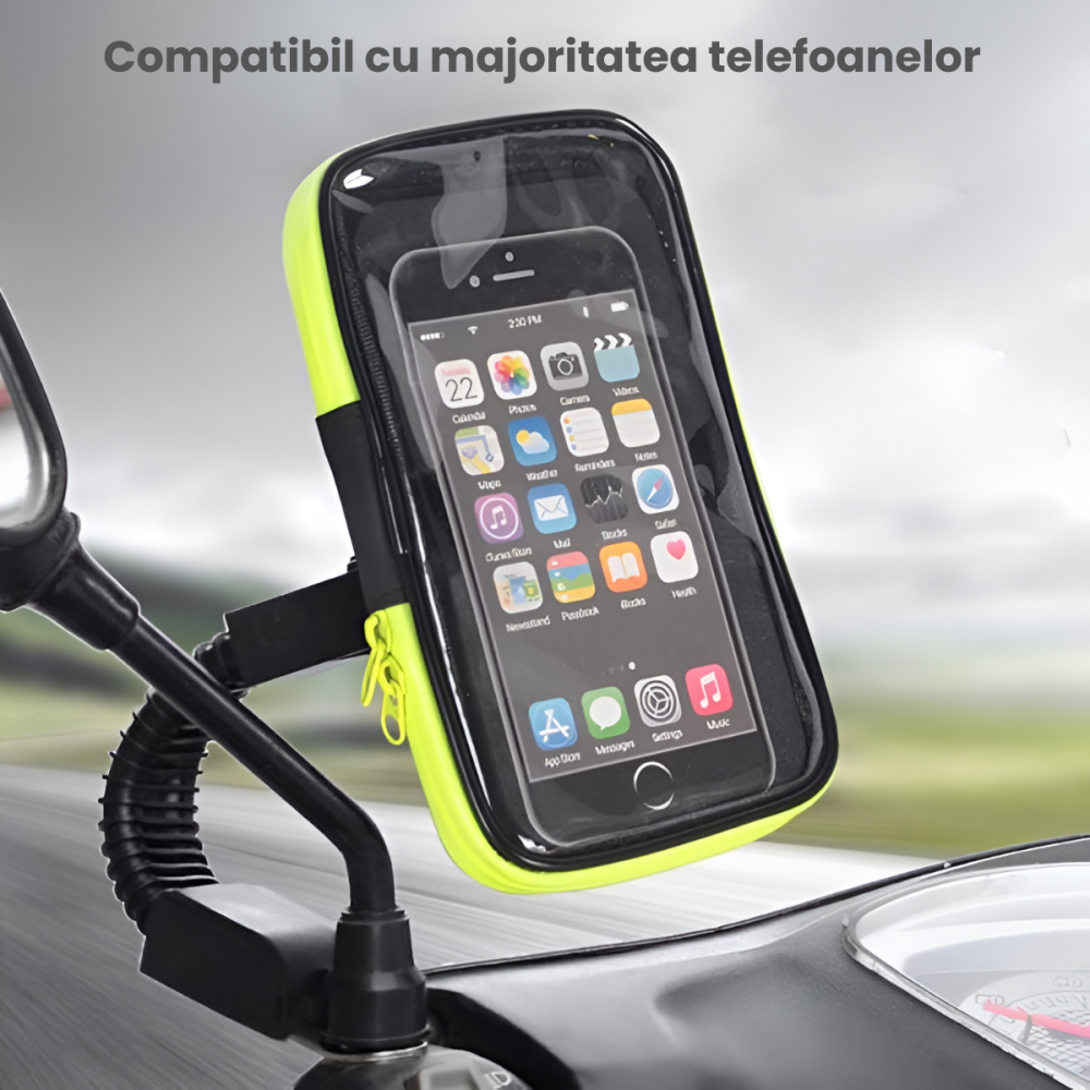 Suport Telefon Motocicleta HASEPE, Borseta Impermeabila cu Rotire 360°, Montare pe Oglinda Retro, Fermoar Etans, Compatibil Telefoane Pana la 6,7", Verde/Negru [2]
