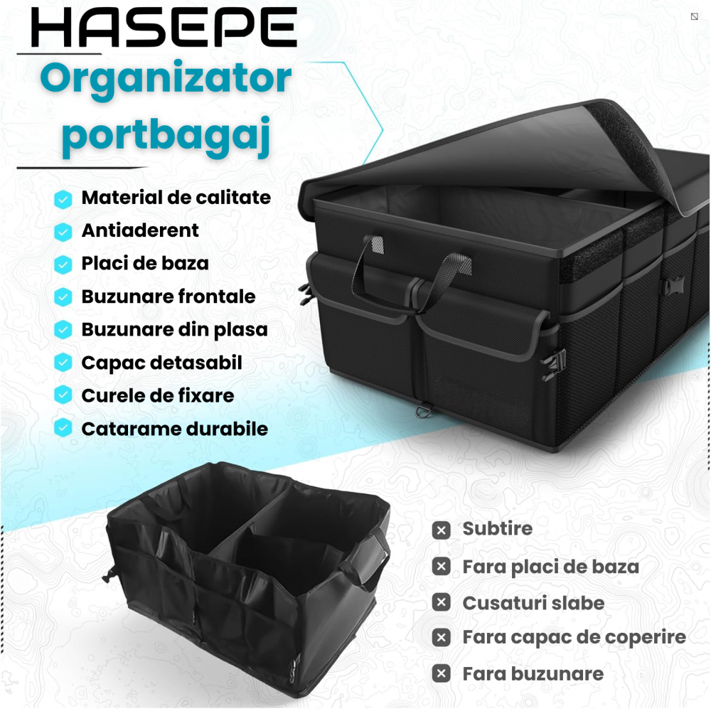 Organizator portbagaj auto 60L HASEPE, Multifunctional, Pliabil, Capac detasabil, Curele fixare, 3 compartimente, 51x32x37 cm, negru [3]