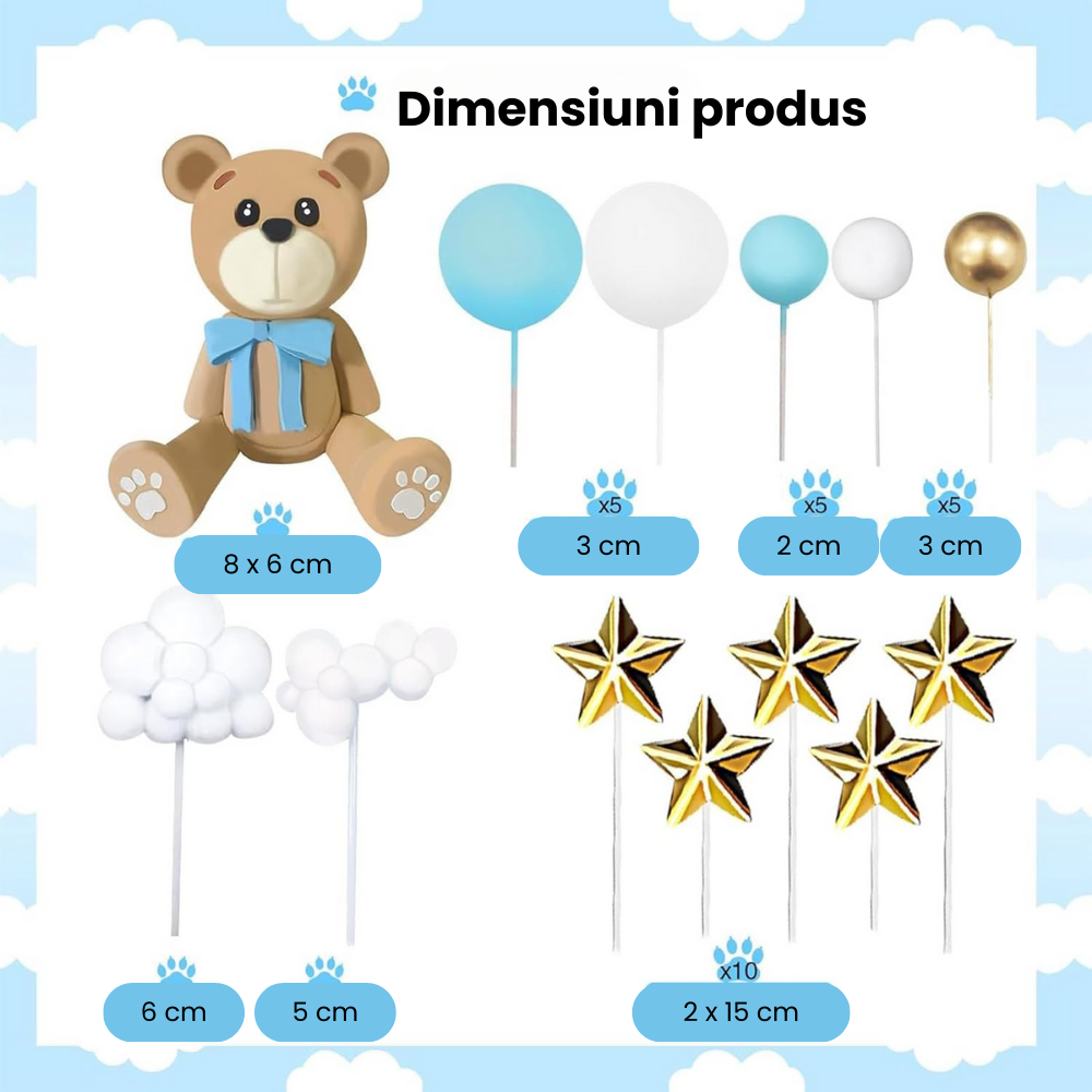Set 38 Decoratiuni Topper Tort Ursulet Albastru HASEPE, pentru Botez, Baby Shower si Aniversari, Reutilizabile, Spuma si Plastic [2]