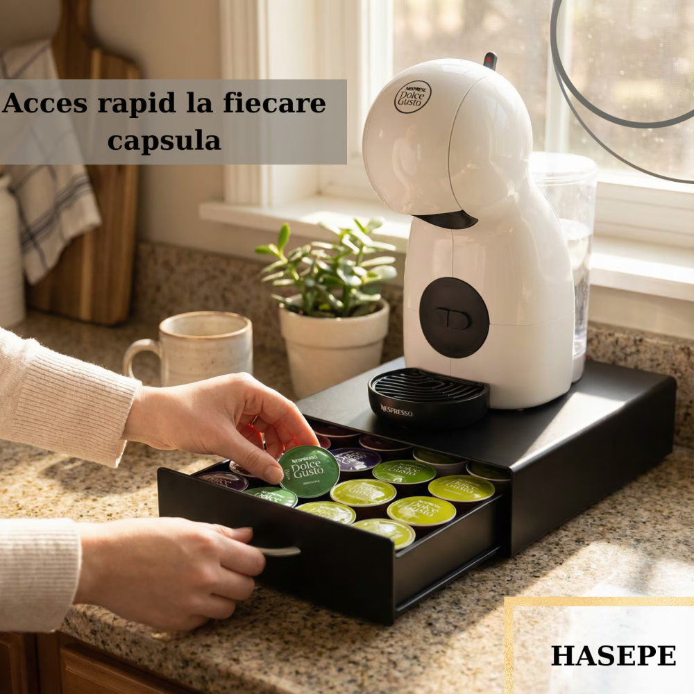 Sertar organizator capsule cafea HASEPE, compatibil capsule DOLCE GUSTOi capsule universale, Multifunctional pentu zahar si accesorii, Suport aparat cafea, Capacitate mare 30 capsule, 40x24x6 cm, Negr [4]