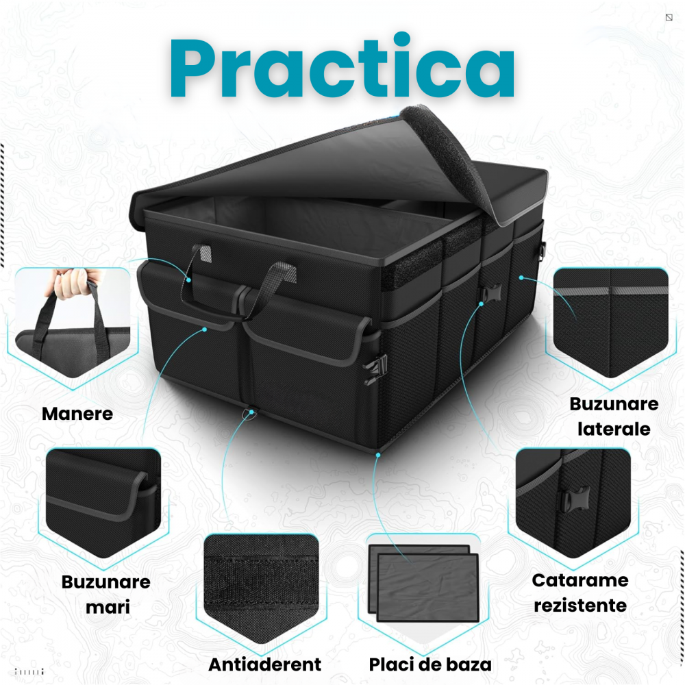 Organizator portbagaj auto 60L HASEPE, Multifunctional, Pliabil, Capac detasabil, Curele fixare, 3 compartimente, 51x32x37 cm, negru [2]