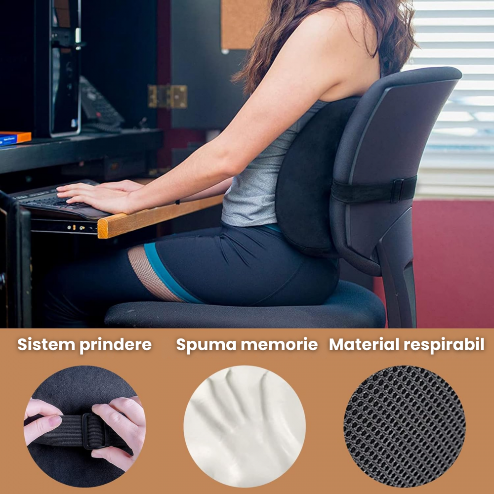 Pernă lombară ortopedică cu spumă memorie HASEPE, suport ergonomic spate, curea reglabila, husă respirabilă, pentru birou, scaun auto și acasă [2]