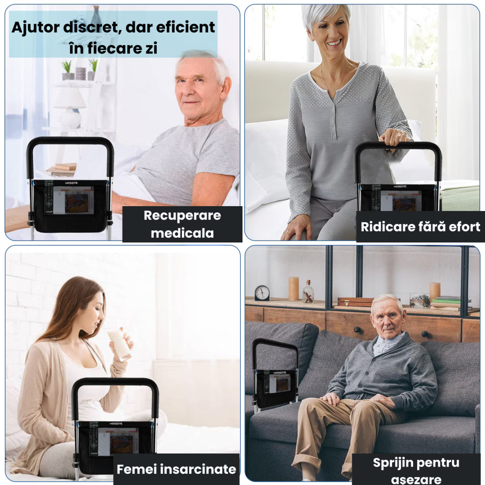 Maner de sprijin si balustrada pentru pat HASEPE, cu 3 bare de stabilizare si maner antiderapant, buzunar lateral, suport ridicare persoane varstnice, pacienti dupa operatie, femei insarcinate sau cu  [5]