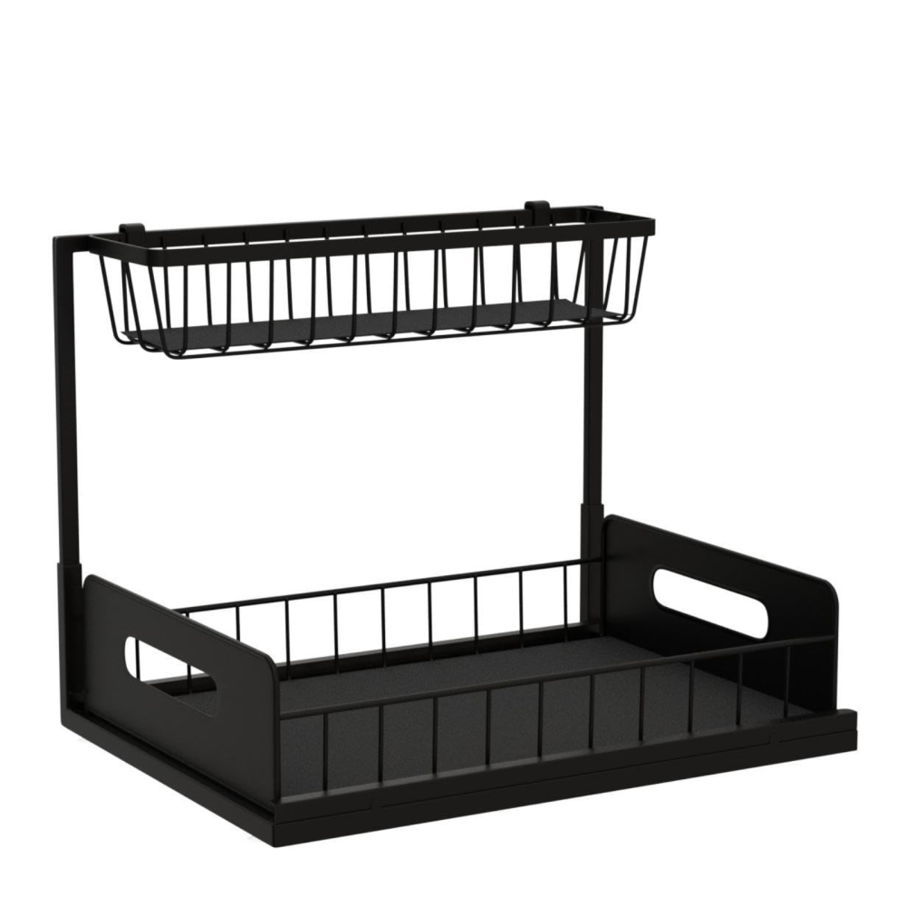Organizator pentru dulap sub chiuveta HASEPE, 2 nivele, pentru bucatarie, baie, rafturi metalice, Negru [1]