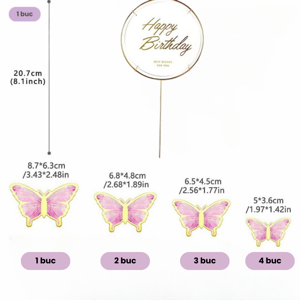 Decoratiuni tort Happy Birthday Home Sweet Paradise, set 11 piese fluturasi, pentru evenimentele speciale, multicolor [5]