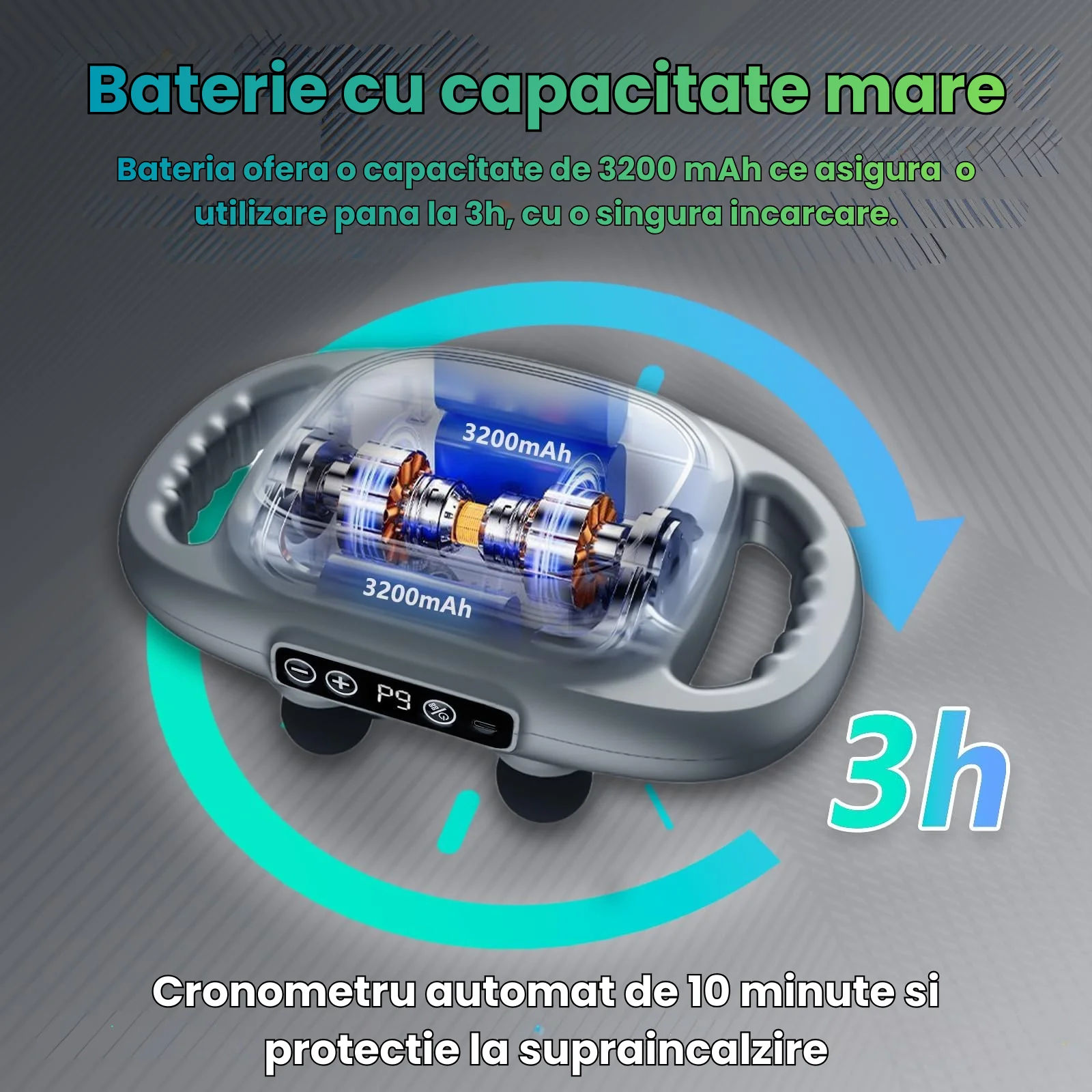 Pistol de masaj HASEPE, 6 capete, 9 moduri si 9 niveluri intensitate, 3200mAh, incalzire cu lumina rosie, relaxare muschi profunzi, ultra-silentios, potrivit pentru spate, picioare, brate, gri inchis [4]