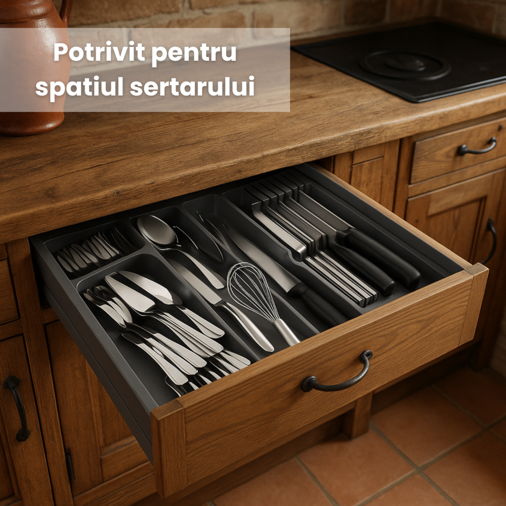 Organizator tacamuri sertar HASEPE, 8 compartimente, design compact si spatios, suport pentru linguri, furculite, cutite si ustensile de bucatarie [3]