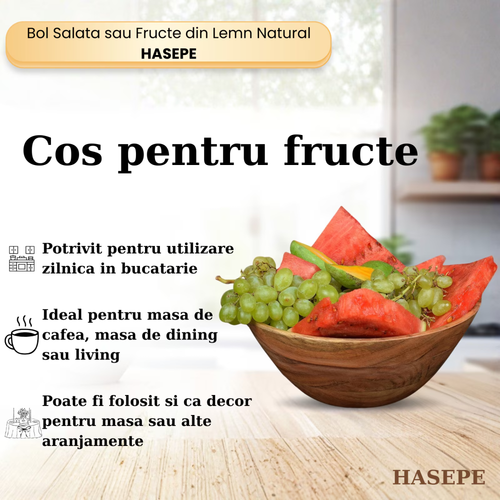 Bol mare pentru salată și fructe HASEPE, design rustic elegant, lemn natural, culoare închisă, 29x10.5cm, capacitate 3.5L [7]