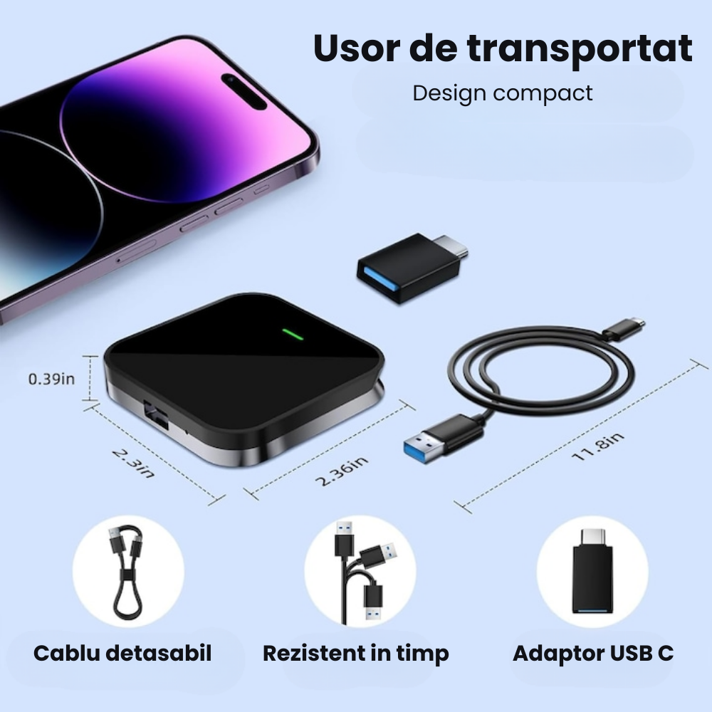 Adaptor Wireless CarPlay HASEPE, Modul CarPlay Slim, Conectare Automata prin USB, WiFi 5.8GHz si Bluetooth 5.0, Compatibil iPhone, Negru Compact [6]