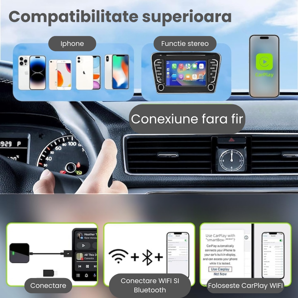 Adaptor Wireless CarPlay HASEPE, Modul CarPlay Slim, Conectare Automata prin USB, WiFi 5.8GHz si Bluetooth 5.0, Compatibil iPhone, Negru Compact [7]