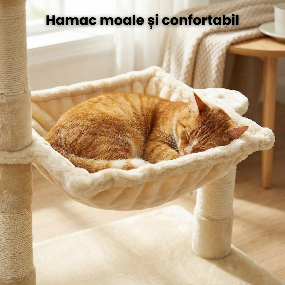 Ansamblu Joaca Pisici HASEPE, Hamac Si Jucarie Minge, Suport Ascutit Unghii Pisica cu 2 Nivele, Stabil, 51x35x70cm, Bej [3]