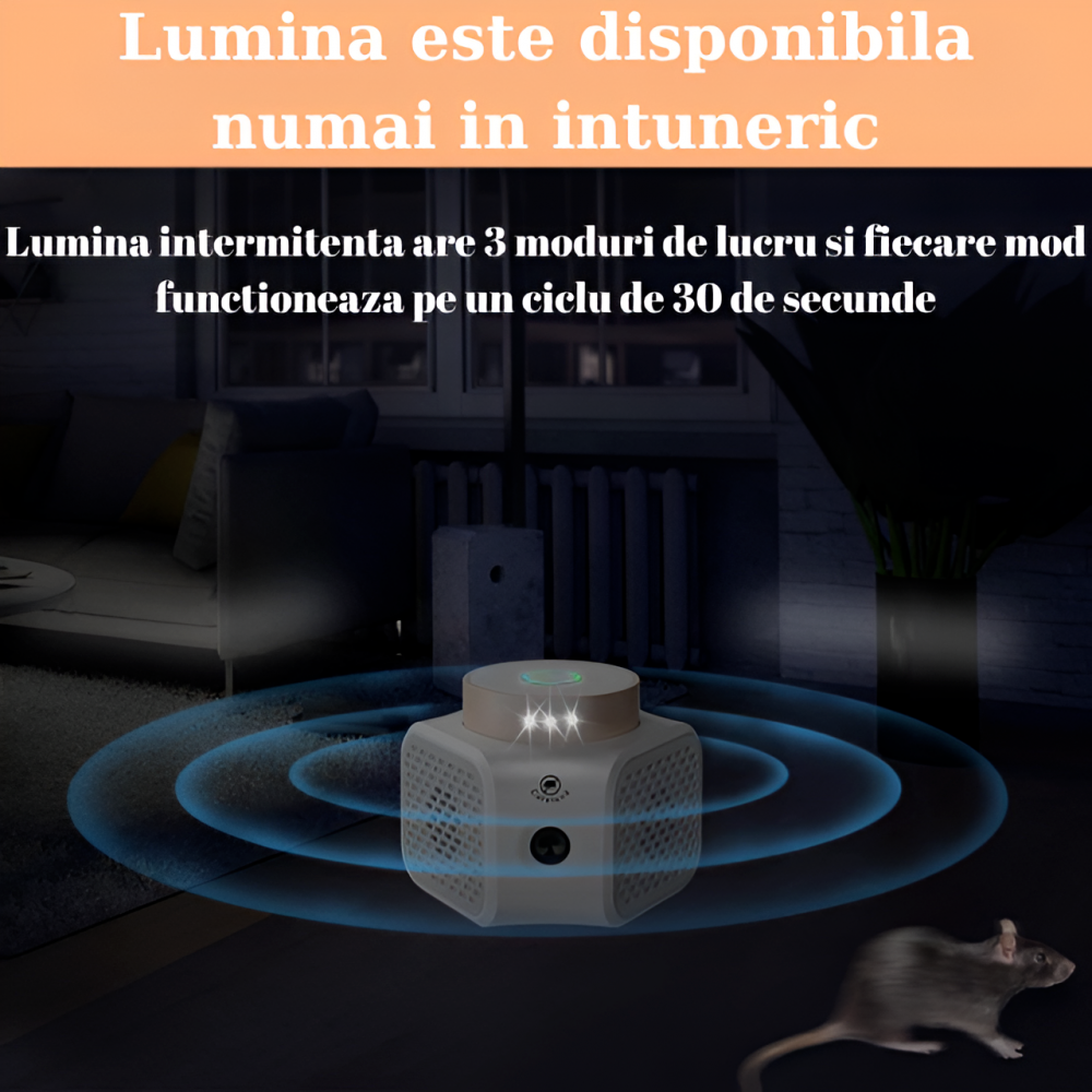 Aparat anti soareci HASEPE, Anti sobolani, Tehnologie duala cu ultrasunete, Actiune 360⁰ si acoperire 120m2, 4 niveluri de intensitate, Lumini intermitente, Frecventa 22-65kHz, Sigur pentru om si anim [6]