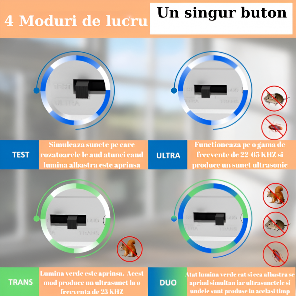 Aparat anti soareci HASEPE, Anti sobolani, Tehnologie duala cu ultrasunete, Actiune 360⁰ si acoperire 120m2, 4 niveluri de intensitate, Lumini intermitente, Frecventa 22-65kHz, Sigur pentru om si anim [7]