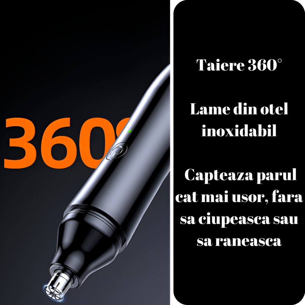 Aparat Tuns Par Nas si Urechi HASEPE, Trimmer Facial Electric USB, Motor 6500 RPM, Lame Inox, Cap Rotativ, Rezistent la Apa, Design 13.5x2.5cm, Negru [3]