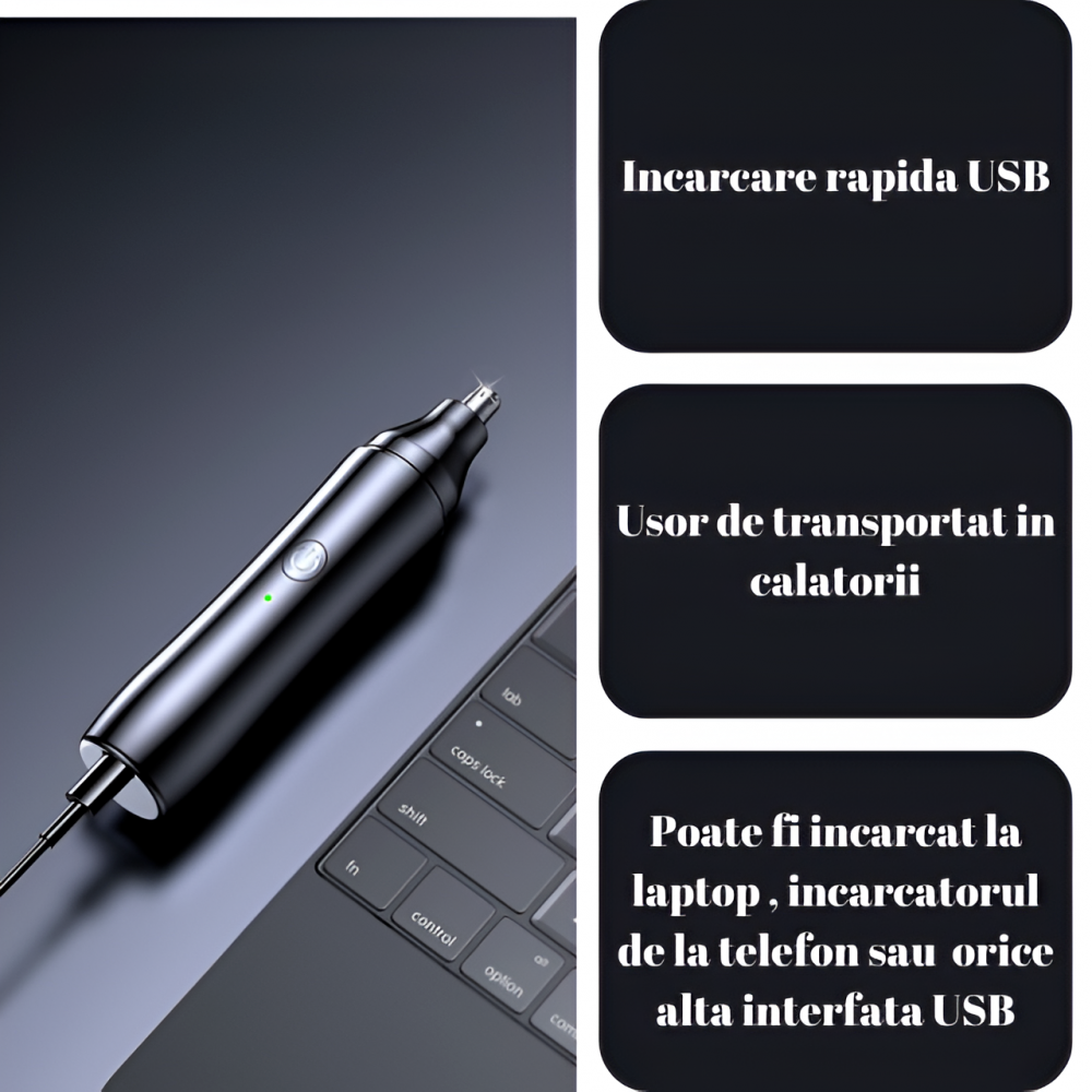 Aparat Tuns Par Nas si Urechi HASEPE, Trimmer Facial Electric USB, Motor 6500 RPM, Lame Inox, Cap Rotativ, Rezistent la Apa, Design 13.5x2.5cm, Negru [4]