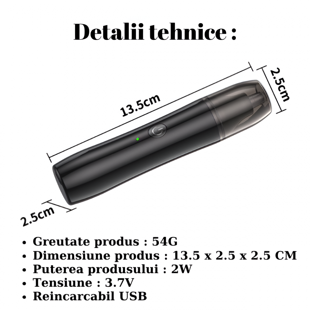Aparat Tuns Par Nas si Urechi HASEPE, Trimmer Facial Electric USB, Motor 6500 RPM, Lame Inox, Cap Rotativ, Rezistent la Apa, Design 13.5x2.5cm, Negru [8]