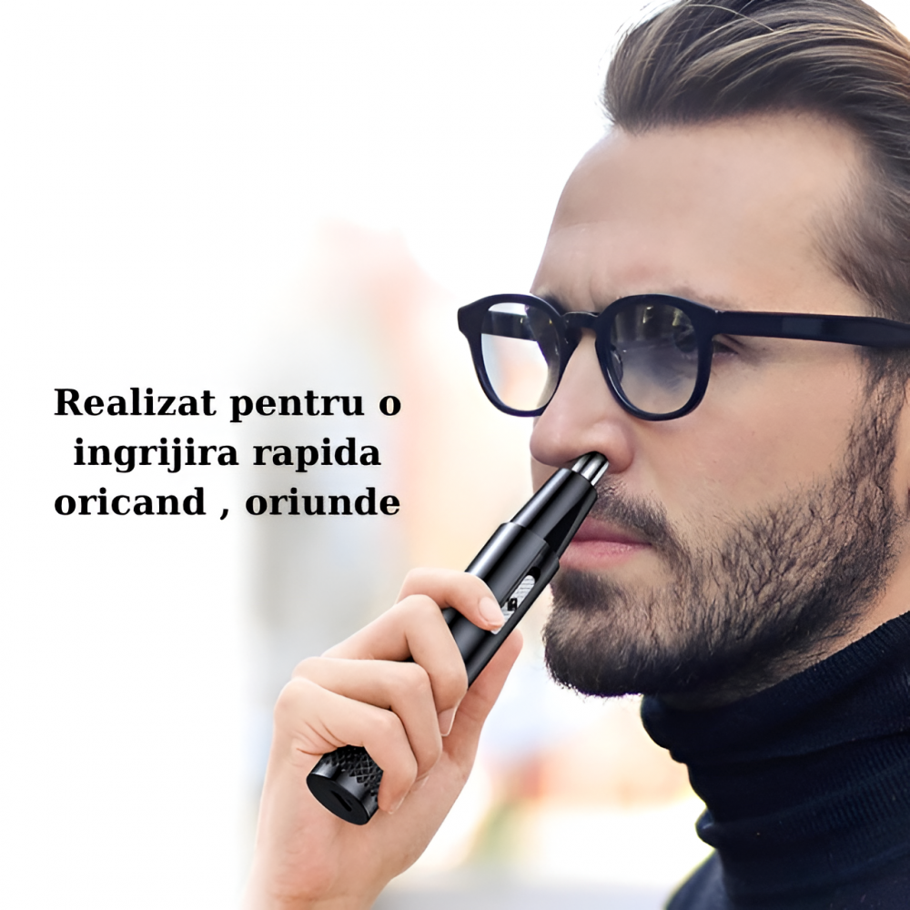 Aparat Tuns Par Nas si Urechi HASEPE, Trimmer Facial Electric USB, Lame Inox, Motor 6000 RPM, Cap Rotativ, Design Compact 15x1cm, Curatare Usoara, Negru [2]