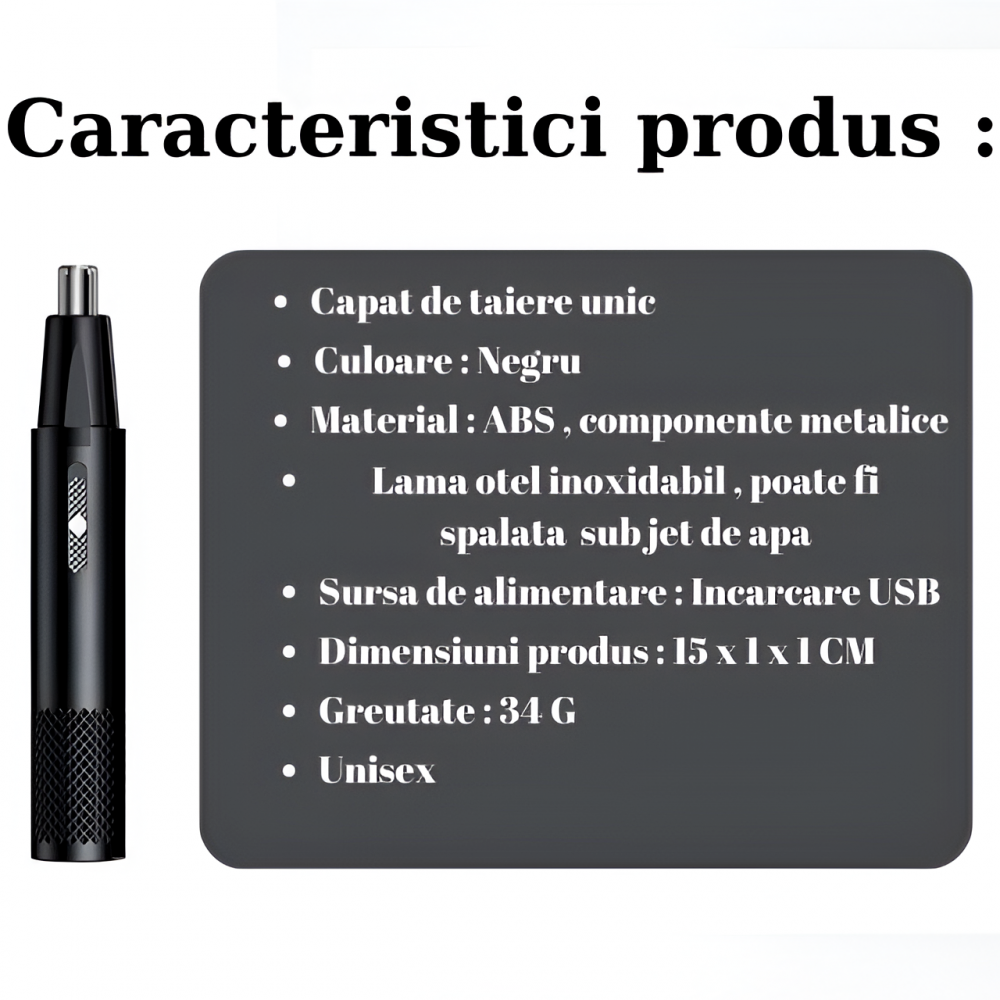 Aparat Tuns Par Nas si Urechi HASEPE, Trimmer Facial Electric USB, Lame Inox, Motor 6000 RPM, Cap Rotativ, Design Compact 15x1cm, Curatare Usoara, Negru [7]
