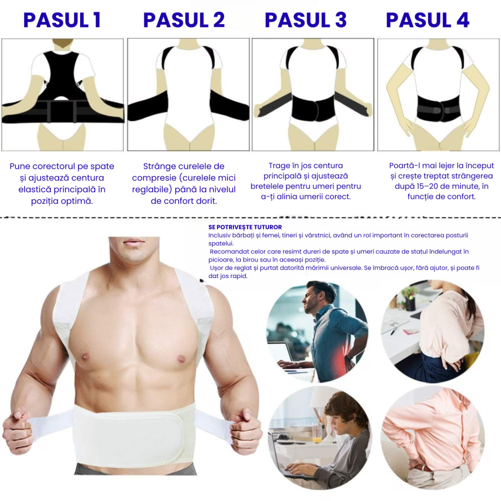 Corector postura HASEPE, centura REGLABILA pentru spate si corectie postura, sustine CIFoZA, LORDOZA, SCOLIOZA si HERNIE de DISC, ajuta la aliniere COLOANA si UMERI, centura LOMBARA ortopedica UNISEX  [10]