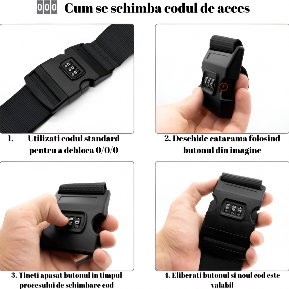 Curea Bagaje cu Combinatie HASEPE, Curea Antifurt Reglabila pentru Valiza, Lacat Cifru 3 Digits, Siguranta Suplimentara, 200x5cm, Nylon Rezistent, Negru [4]