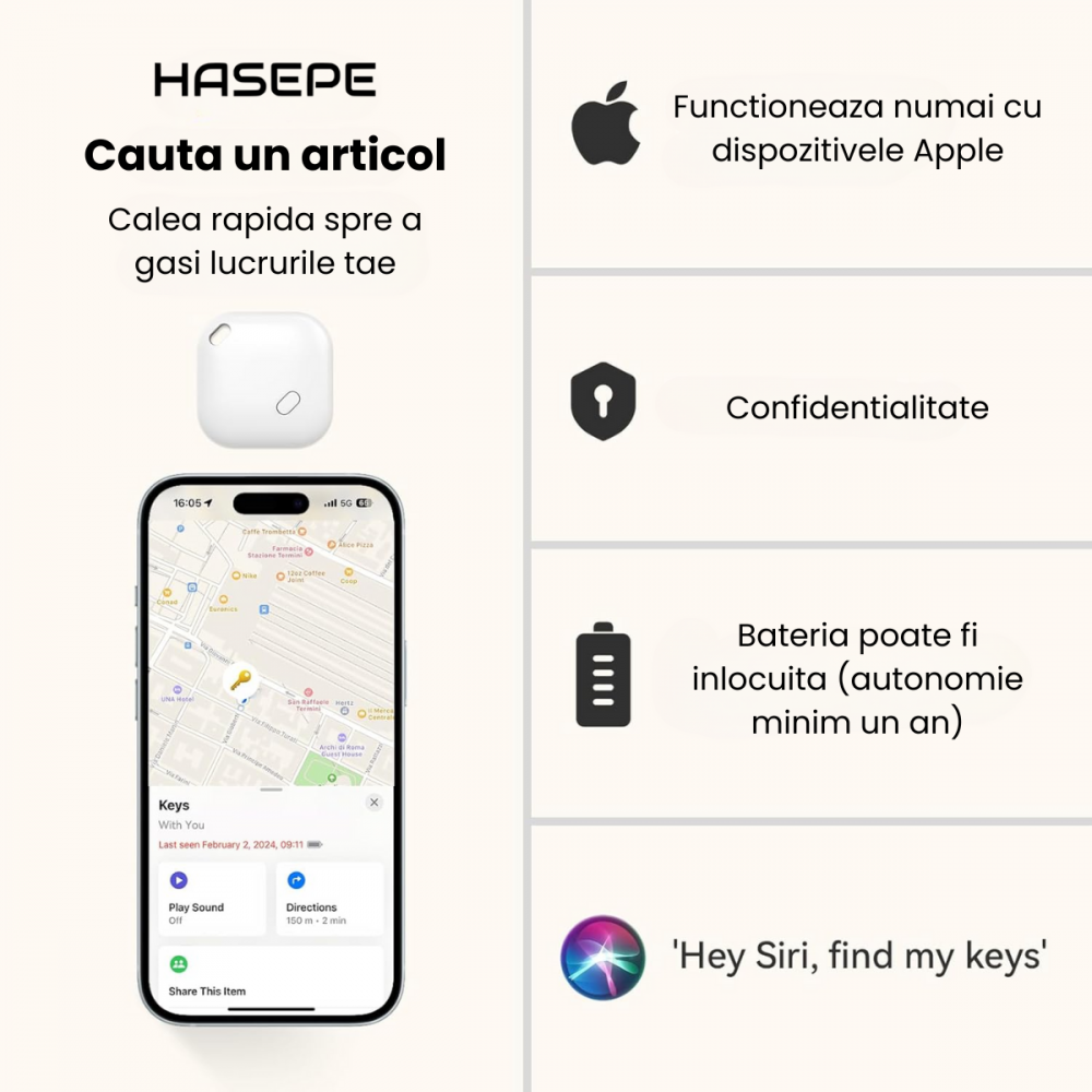 Dispozitiv anti-pierdere HASEPE, Smart Tag cu alarma, compatibil cu iOs Find My, cu localizare in timp real, pentru copii, animale, adulti, GPS, ABS, prin Bluetooth, pentru chei, bagaje, Alb [2]