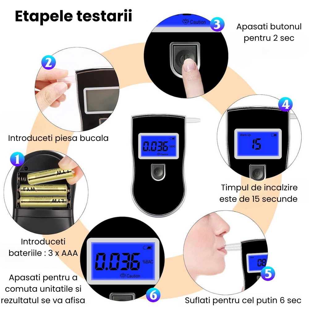 Etilotest Digital HASEPE, Afisaj LCD, Calibrare Automata, Alcoolmetru cu Analiza Rapida, Avertizare Sonora, 5 Mustiucuri Incluse, Portabil, Negru [7]