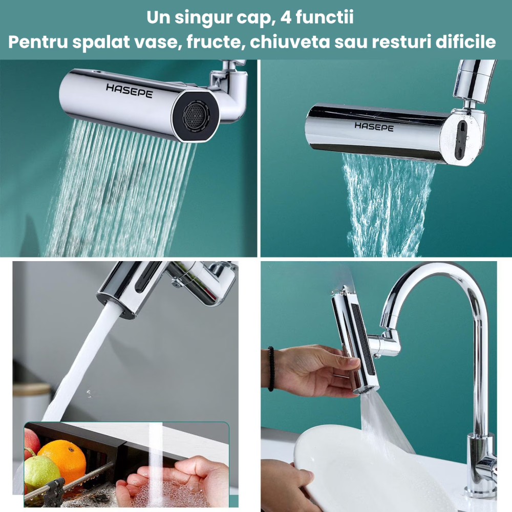 Extensie pentru ROBINET HASEPE, adaptor ROTATIV 360° cu 4 FUNCTII pulverizare si JET REGLABIL, adaptor UNIVERSAL pentru BUCATARIE sau BAIE, extensie baterie pivotanta, economizor APA, accesoriu SANITA [6]