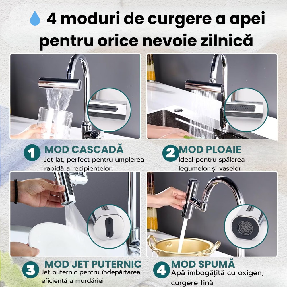 Extensie pentru ROBINET HASEPE, adaptor ROTATIV 360° cu 4 FUNCTII pulverizare si JET REGLABIL, adaptor UNIVERSAL pentru BUCATARIE sau BAIE, extensie baterie pivotanta, economizor APA, accesoriu SANITA [10]