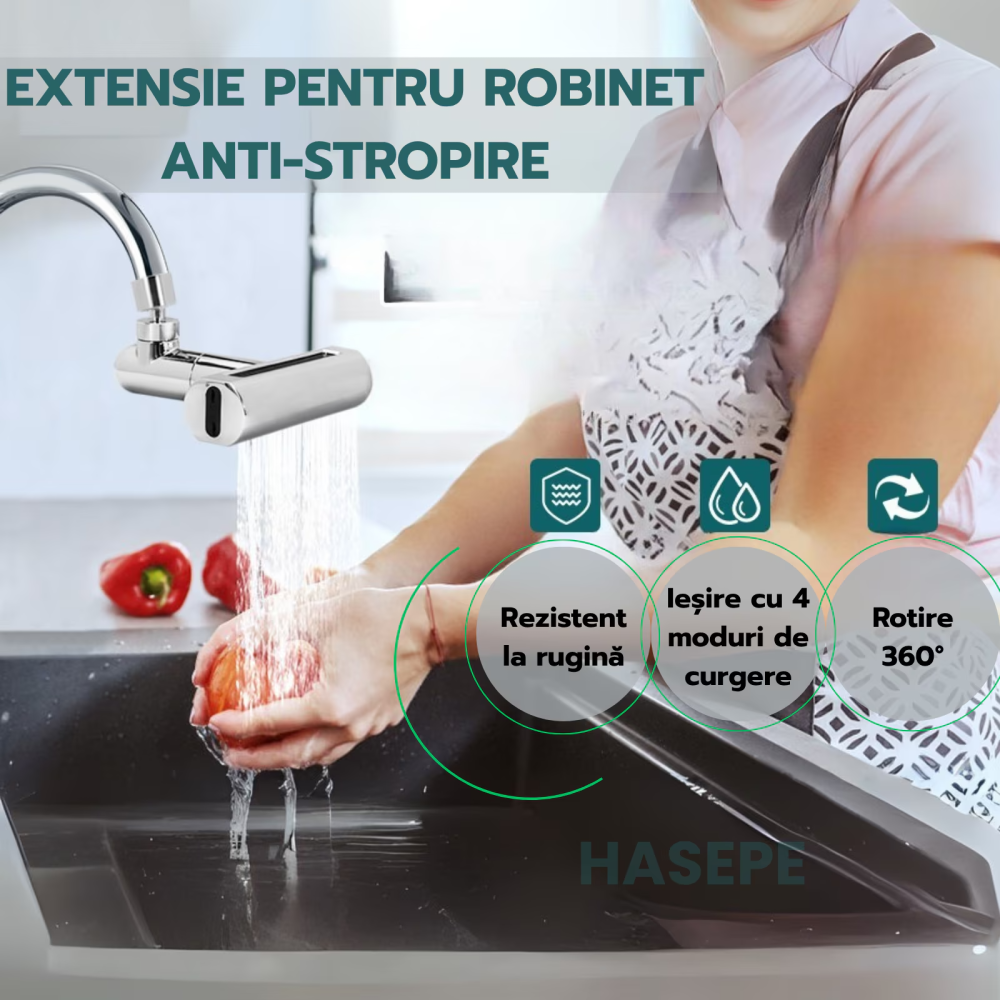 Extensie pentru ROBINET HASEPE, adaptor ROTATIV 360° cu 4 FUNCTII pulverizare si JET REGLABIL, adaptor UNIVERSAL pentru BUCATARIE sau BAIE, extensie baterie pivotanta, economizor APA, accesoriu SANITA [4]