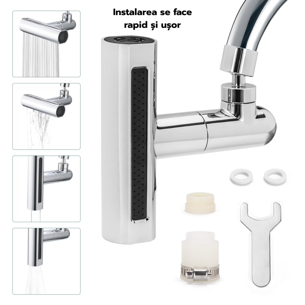 Extensie pentru ROBINET HASEPE, adaptor ROTATIV 360° cu 4 FUNCTII pulverizare si JET REGLABIL, adaptor UNIVERSAL pentru BUCATARIE sau BAIE, extensie baterie pivotanta, economizor APA, accesoriu SANITA [12]