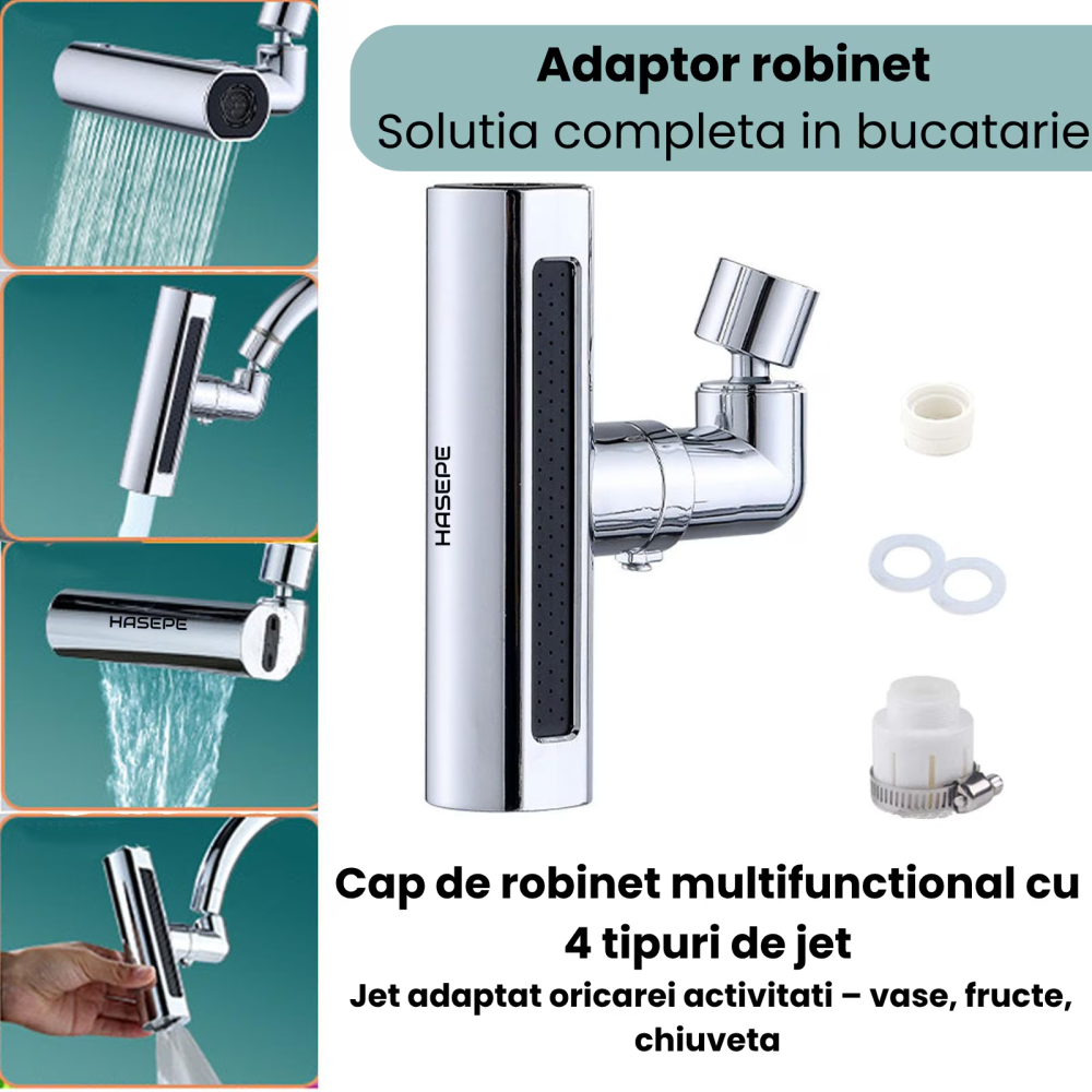 Extensie pentru ROBINET HASEPE, adaptor ROTATIV 360° cu 4 FUNCTII pulverizare si JET REGLABIL, adaptor UNIVERSAL pentru BUCATARIE sau BAIE, extensie baterie pivotanta, economizor APA, accesoriu SANITA [9]