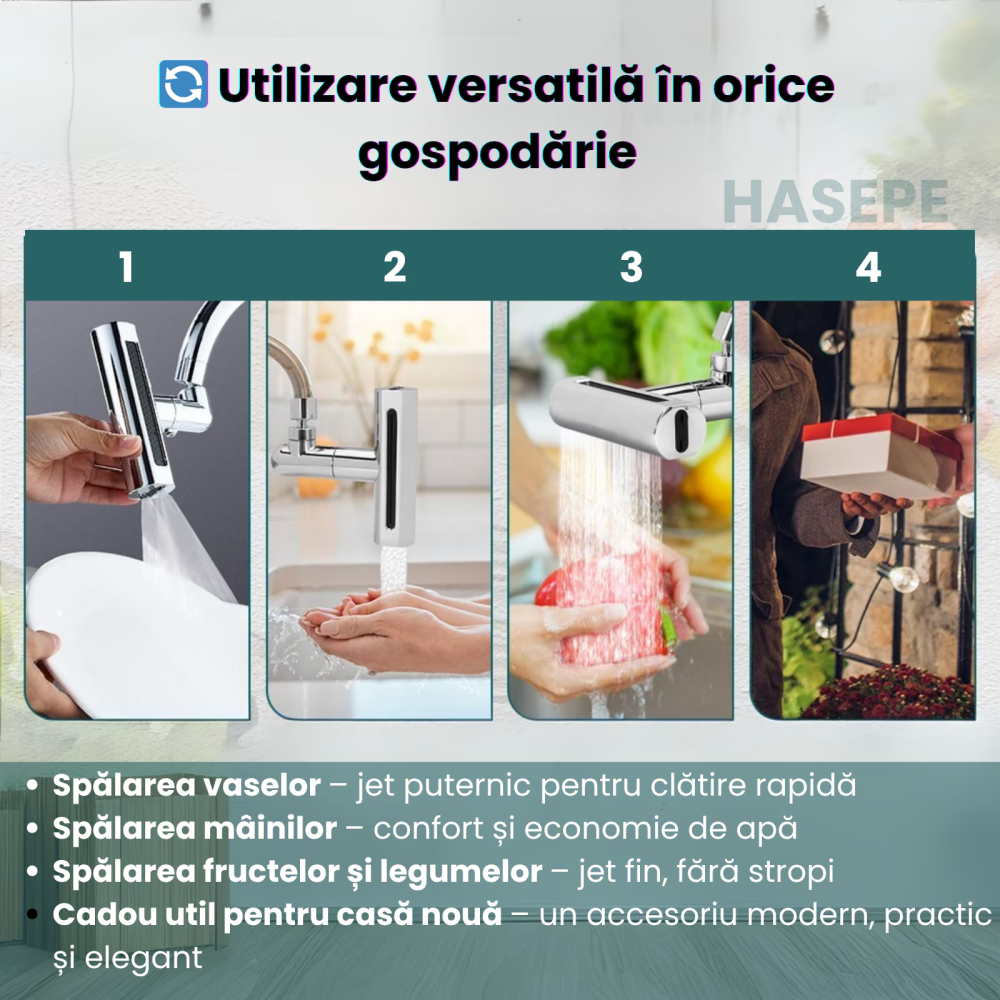 Extensie pentru ROBINET HASEPE, adaptor ROTATIV 360° cu 4 FUNCTII pulverizare si JET REGLABIL, adaptor UNIVERSAL pentru BUCATARIE sau BAIE, extensie baterie pivotanta, economizor APA, accesoriu SANITA [5]