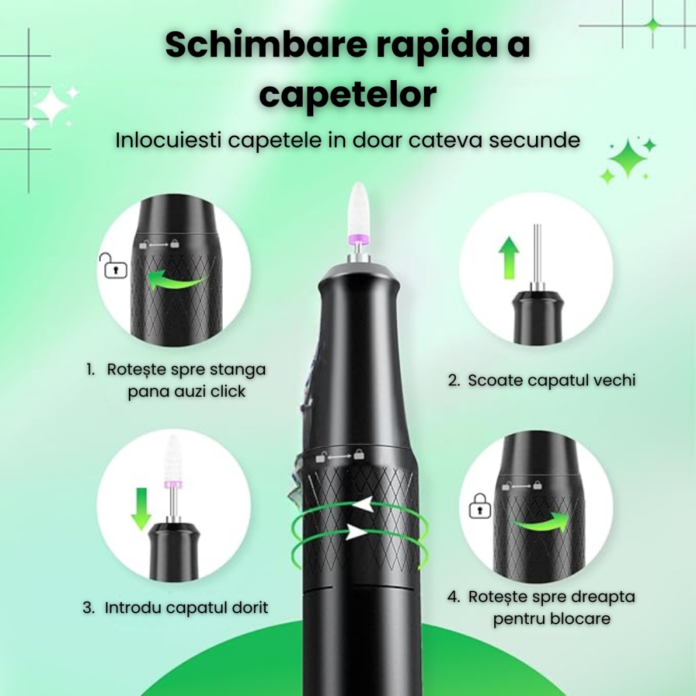 Freza Unghii HASEPE Profesionala 40000 RPM, Pila Electrica Reincarcabila Cu Suport, Freza Electrica Unghii Cu Rotatie Dubla, Capete Detasabile, LCD, Control Viteza, Manichiura Pedichiura, Freza Unghii [3]