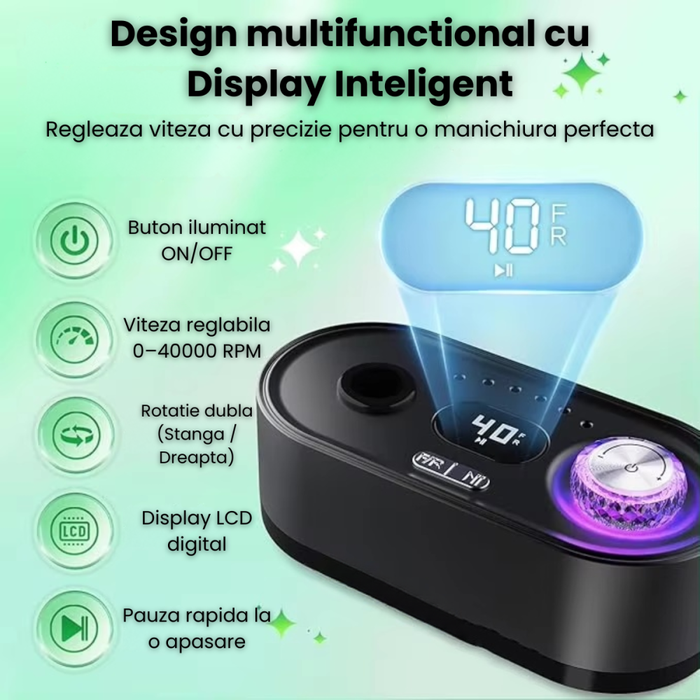 Freza Unghii HASEPE Profesionala 40000 RPM, Pila Electrica Reincarcabila Cu Suport, Freza Electrica Unghii Cu Rotatie Dubla, Capete Detasabile, LCD, Control Viteza, Manichiura Pedichiura, Freza Unghii [6]