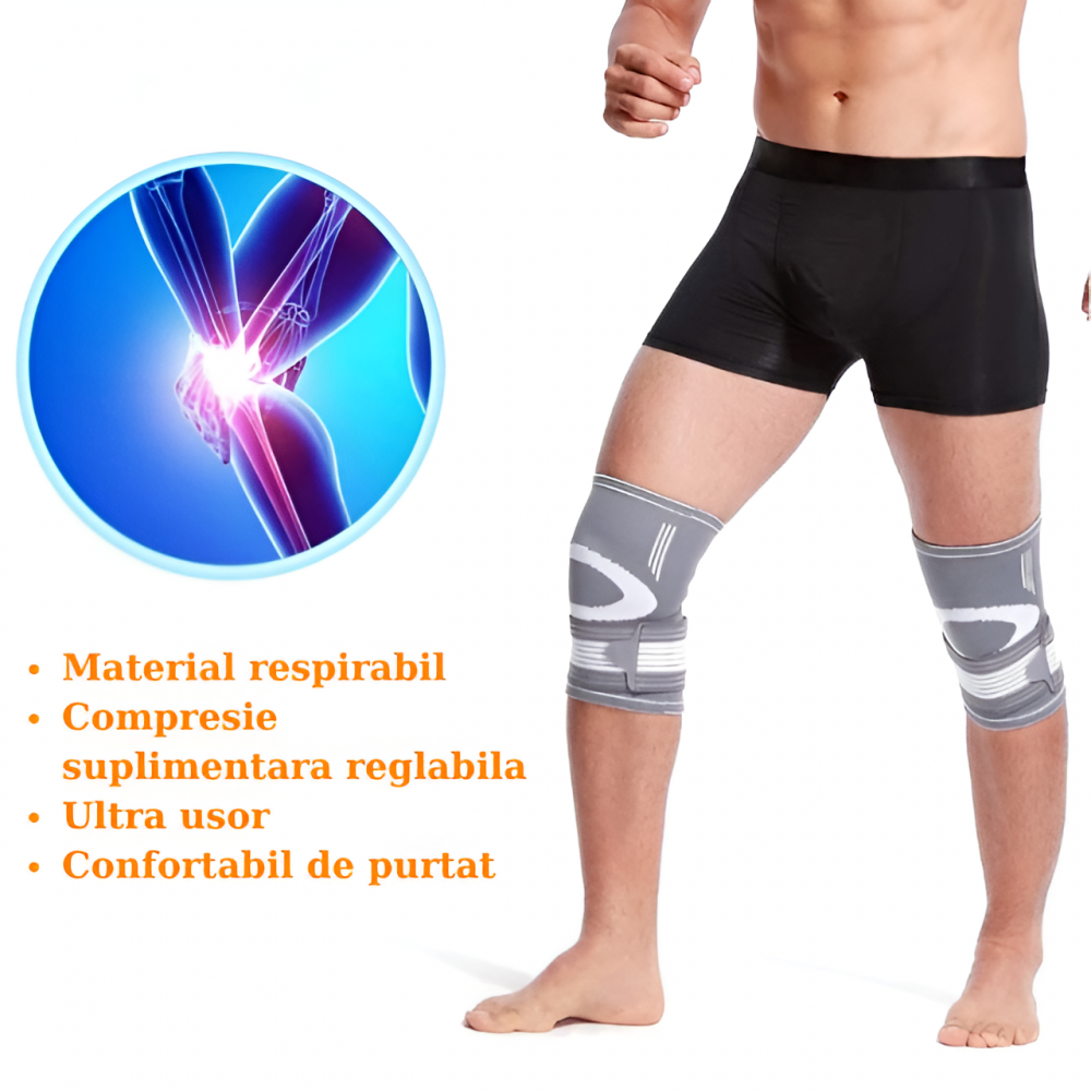 Genunchiera Ajustabila HASEPE, Banda Reglabila cu Stabilizator Medical, Compresie si Suport Genunchi, Material Respirabil, Marime Universala, Pentru Sport, Recuperare, Dureri si Leziuni, Gri/Alb [5]
