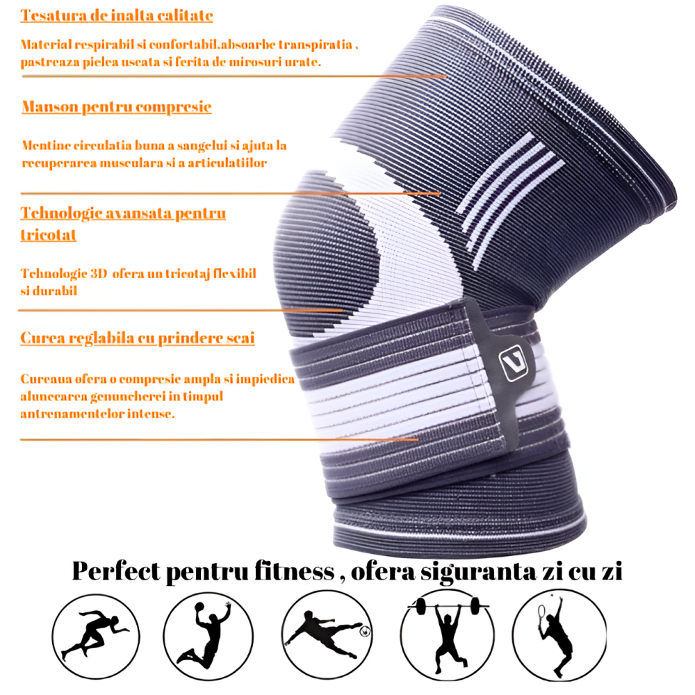 Genunchiera Ajustabila HASEPE, Banda Reglabila cu Stabilizator Medical, Compresie si Suport Genunchi, Material Respirabil, Marime Universala, Pentru Sport, Recuperare, Dureri si Leziuni, Gri/Alb [2]