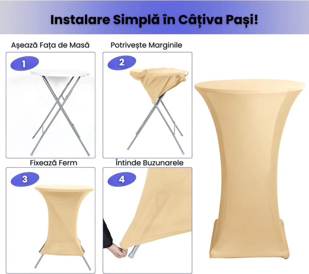 Husa Masa Evenimente HASEPE, Husa Elastica, Fata de Masa Elastica Pentru Masa Cocktail, D 75-85 cm, H 110-120 cm, Crem [6]