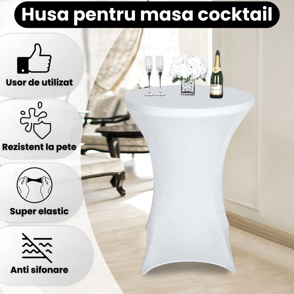 Husa Masa Evenimente HASEPE, Husa Elastica, Fata de Masa Elastica Pentru Masa Cocktail, D 75-85 cm, H 110-120 cm, Alb [2]