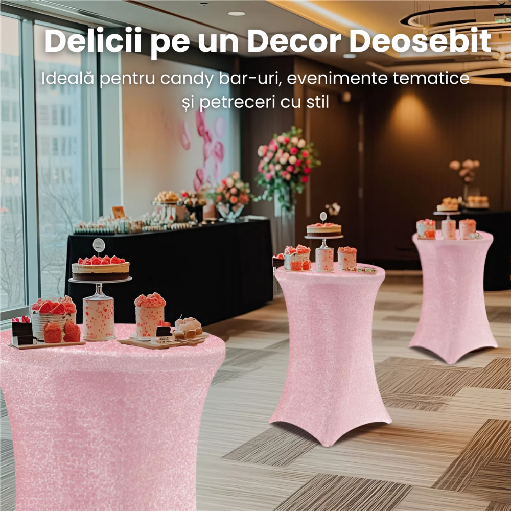 Husa Masa Cocktail Roz HASEPE, Husa Elastica Pentru Evenimente, Fata de Masa Protectie si Decor, Diametru 80 cm, Inaltime 110 cm [2]