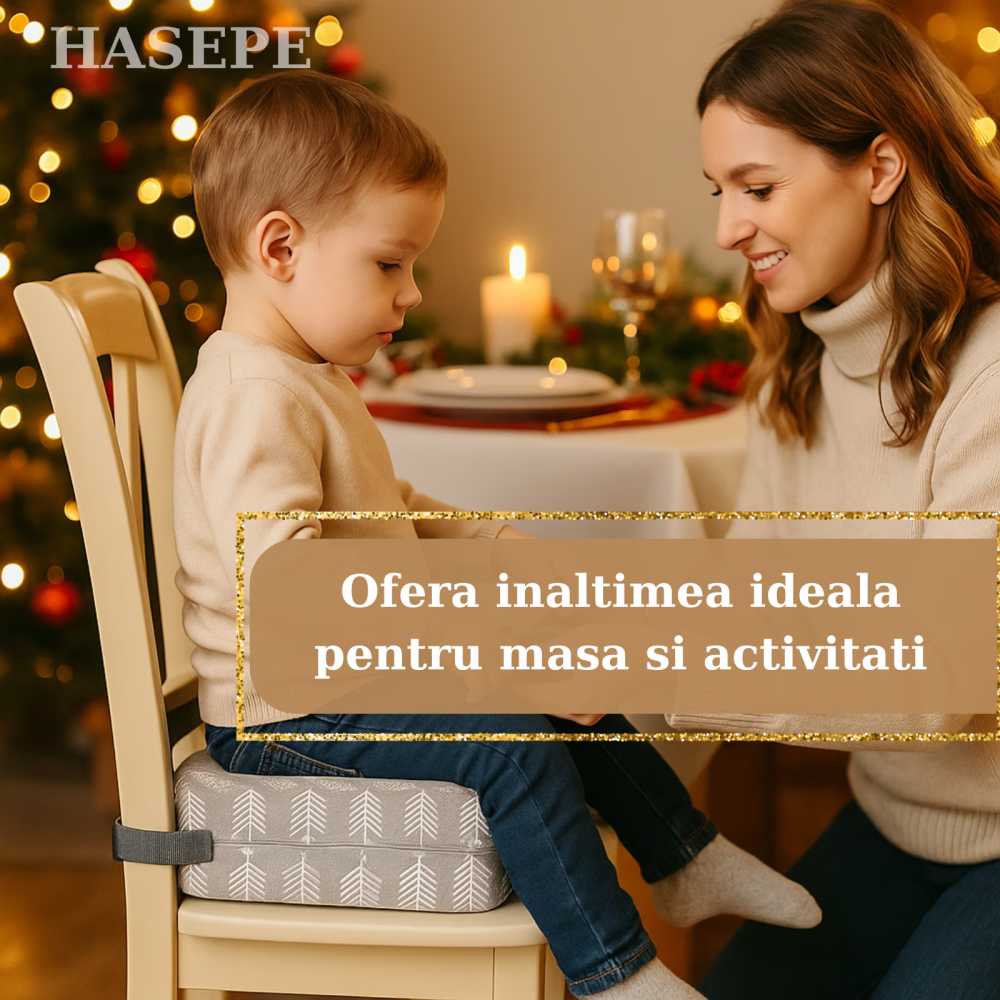 Inaltator pentru scaun copii HASEPE, perna confortabila, Inaltator pentru masa, curele reglabile, husa detasabila, 32x32x8 cm, Gri/alb [4]