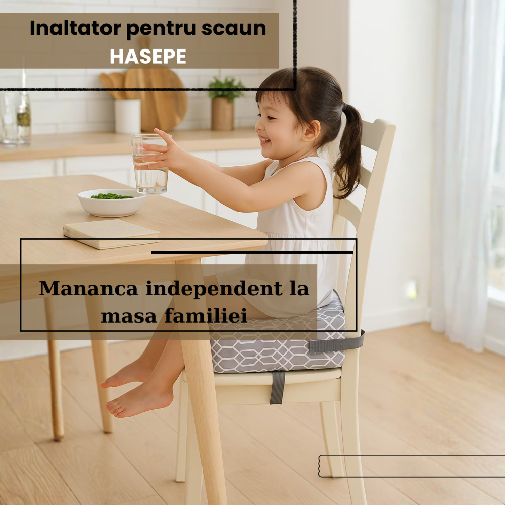 Inaltator pentru scaun copii HASEPE, perna confortabila, Inaltator pentru masa, curele reglabile, husa detasabila, 32x32x8 cm, Gri/alb [5]